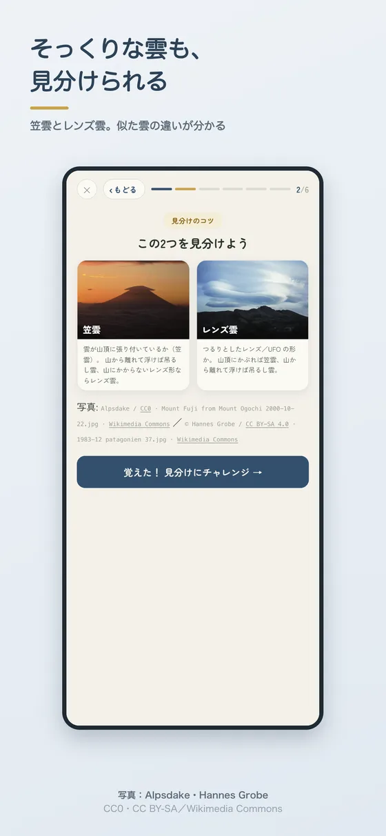 笠雲とレンズ雲の見分け画面