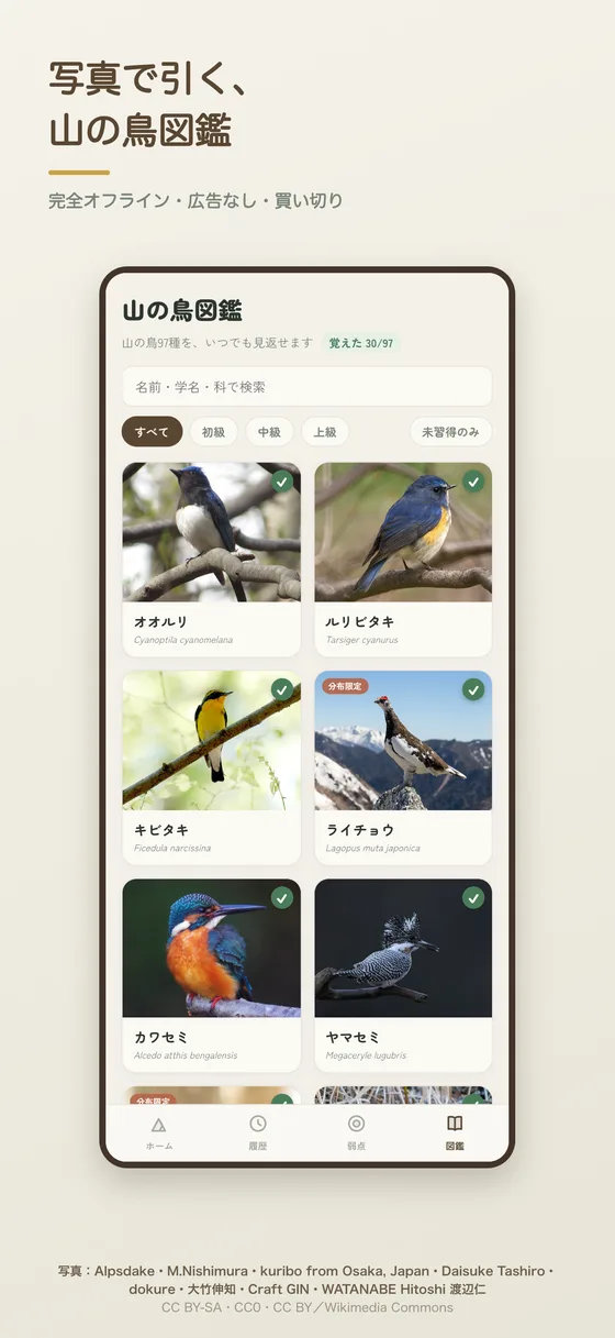山の鳥図鑑の画面
